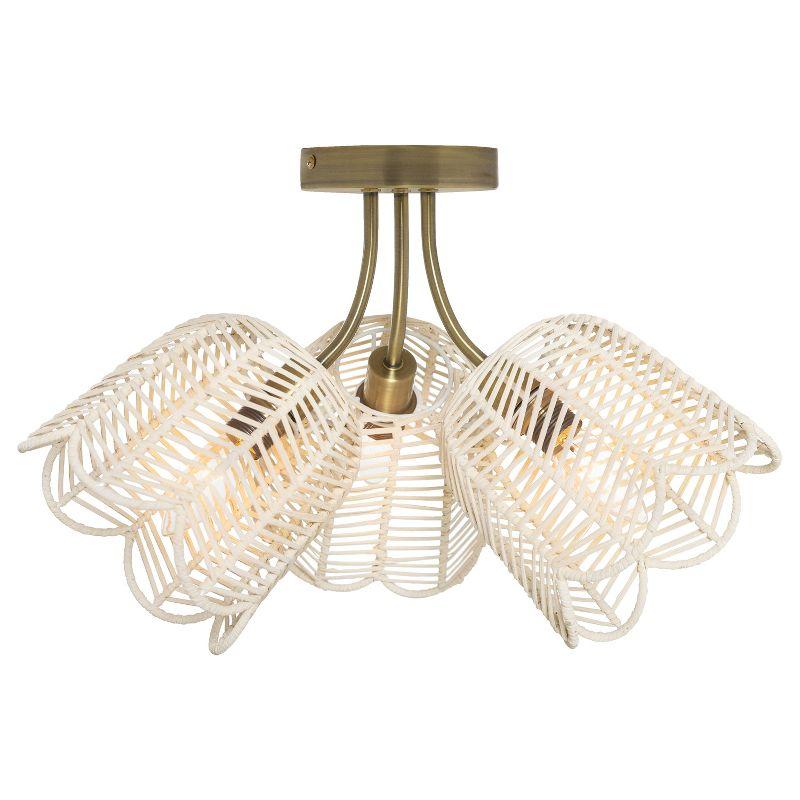 11.5" Meg Brushed Gold Metal Ceiling Light with Rattan Shade - River of Goods: Semi-Flush, 3-Light Fixture
