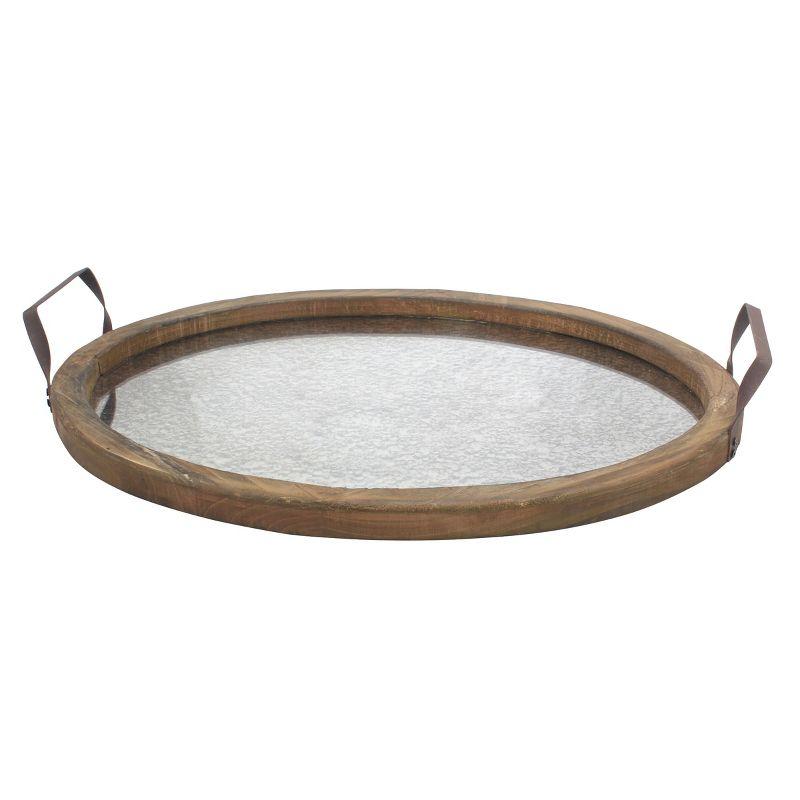 Rustic Oval Distressed Wood Tray with Antique Mirror Base