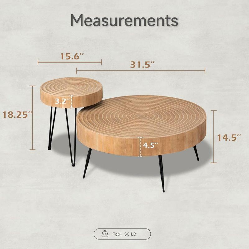 COZAYH 2-Piece Modern Farmhouse Living Room Coffee Table Set, Nesting Table Round Natural Finish with Handcrafted Wood, Ring Pattern