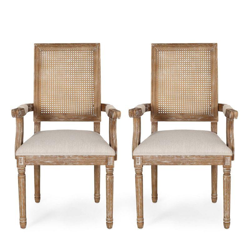 Set of 2 Maria French Country Wood & Cane Dining Chairs with Arms - Christopher Knight Home