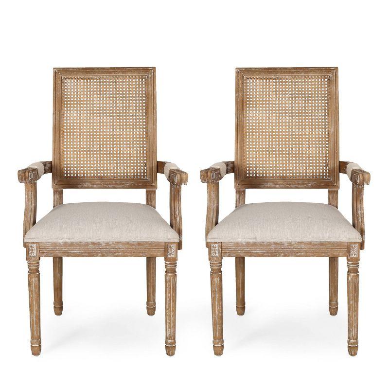 French Country Elegance Beige & Natural Wood Cane Upholstered Arm Chair