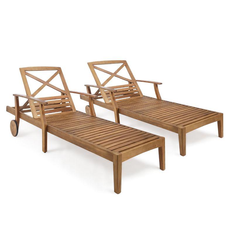 GDFStudio Abena Outdoor Acacia Wood Adjustable Chaise Lounge with Wheels (Set of 2), Teak