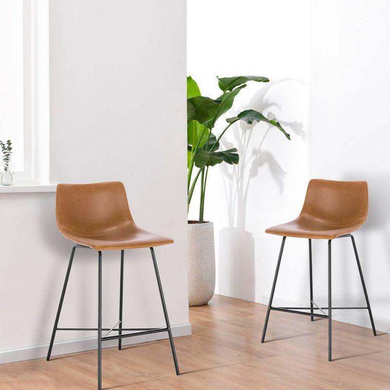 Set of 2 Tan Leather Saddle Counter Stools with Metal Legs