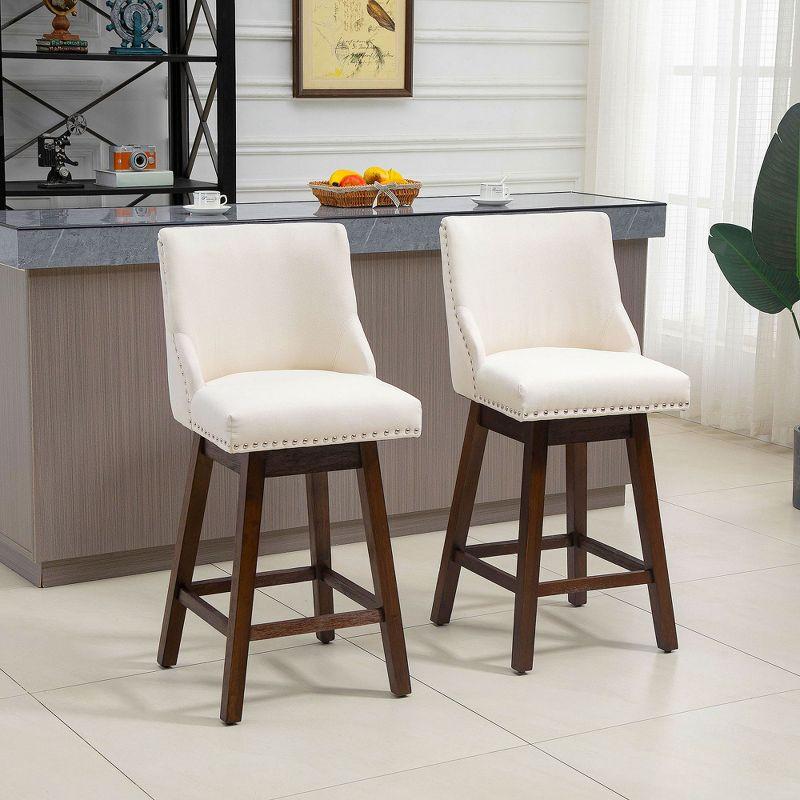 HOMCOM 28" Swivel Bar Height Bar Stools Set of 2, Armless Upholstered Barstools Chairs with Nailhead Trim and Wood Legs, Cream White