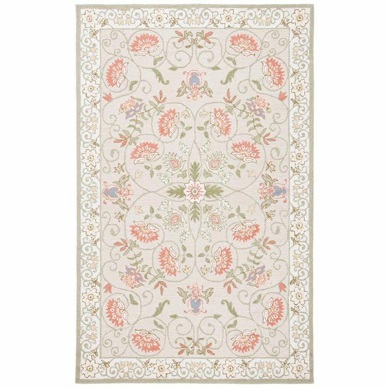 Chelsea Beige and Green Hand-Knotted Wool Floral Rug