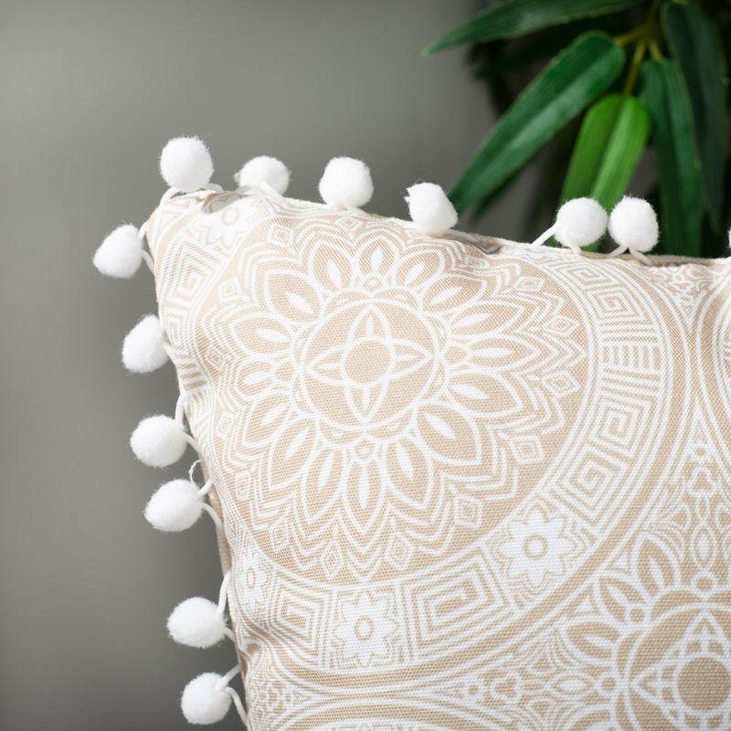 Beige and Gray Floral Medallion Pom Pom Pillow