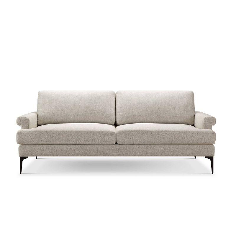 Cream Fabric Sofa with Rolled Arms and Ottoman