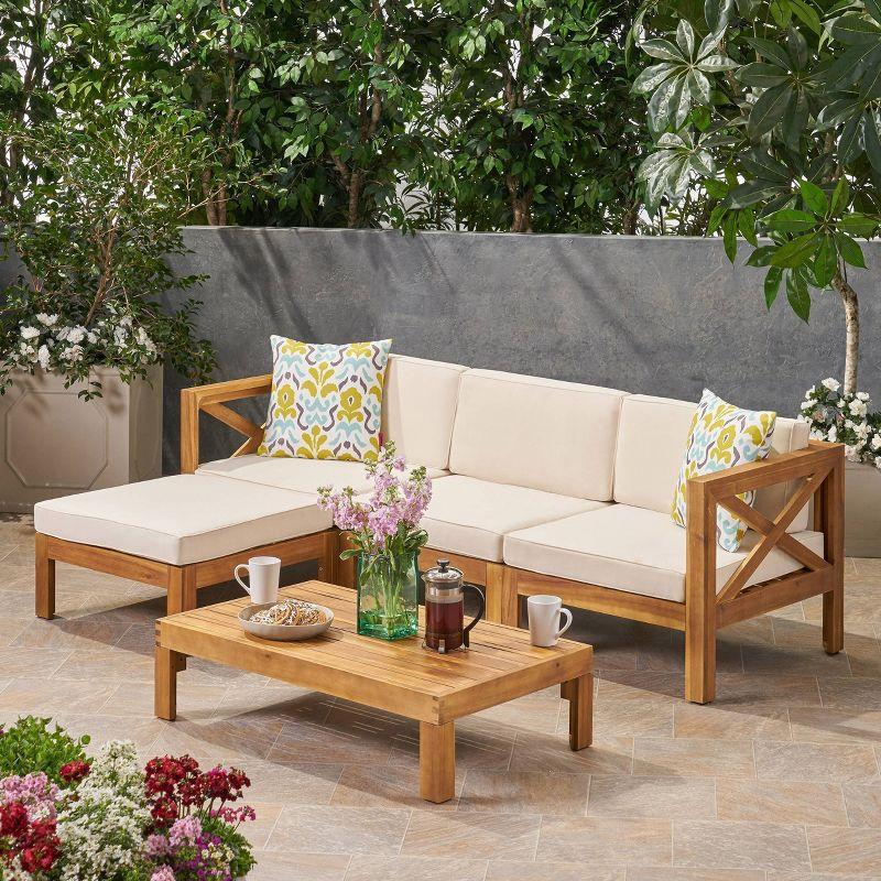 Alcove 5pc Acacia Wood Sofa Set - Teak/Beige - Christopher Knight Home: Weather-Resistant Outdoor Seating with Coffee Table
