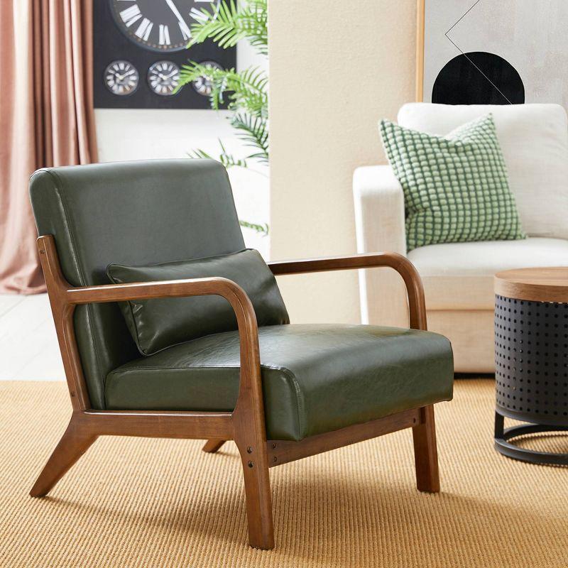 Mid-Century Modern Leatherette Arm Accent Chair Walnut Rubberwood Frame - Hunter Green - Glitzhome