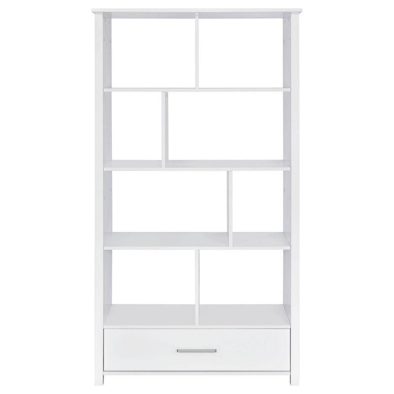 Contemporary White 8-Shelf Bookcase with Sleek Storage Drawer