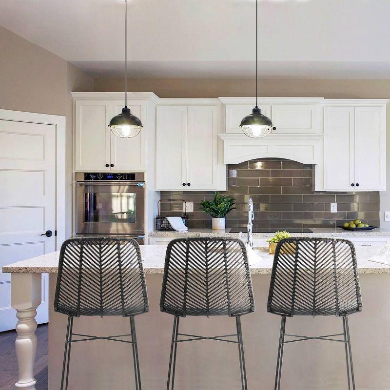 Storied Home Rattan Bar Stool Black: Wrought Iron Frame, Fixed Height, Spot Clean, Adult Use