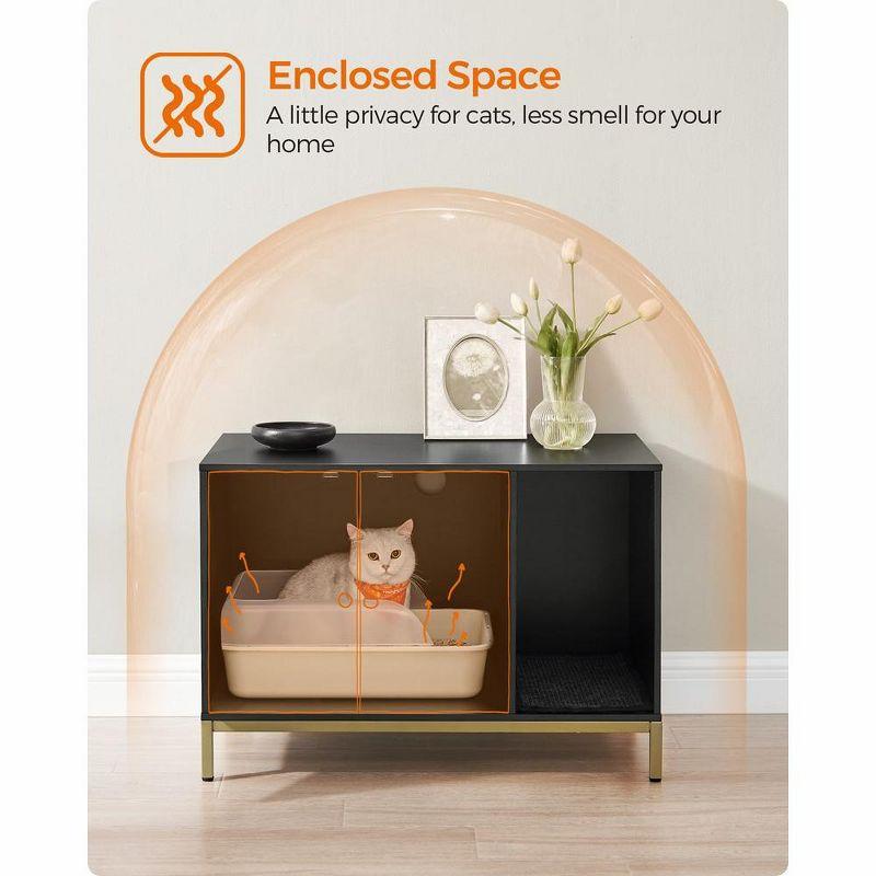 Feandrea Litter Box Enclosure, Modern Furniture with Scratching Mat, Cat House Simply Black and Metallic Gold