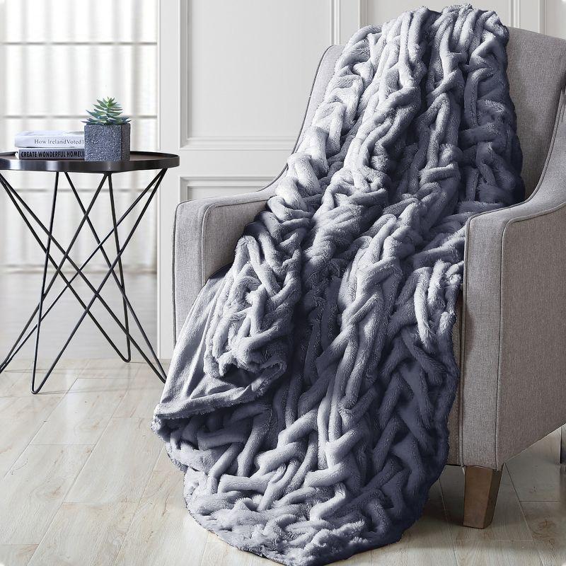 Gray Reversible Faux Fur and Cotton Throw Blanket, 50 x 60