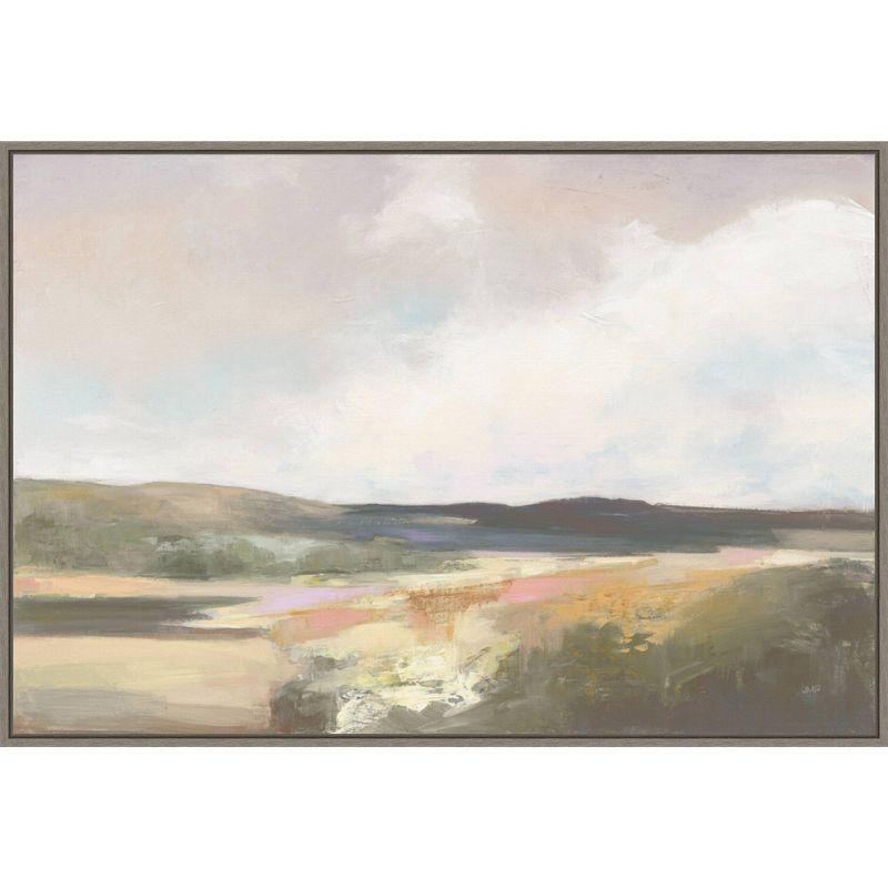 33" x 23" Dawn by The Water Neutral by Julia Purinton Framed Canvas Wall Art Print - Amanti Art: Rolling Hills & Waves