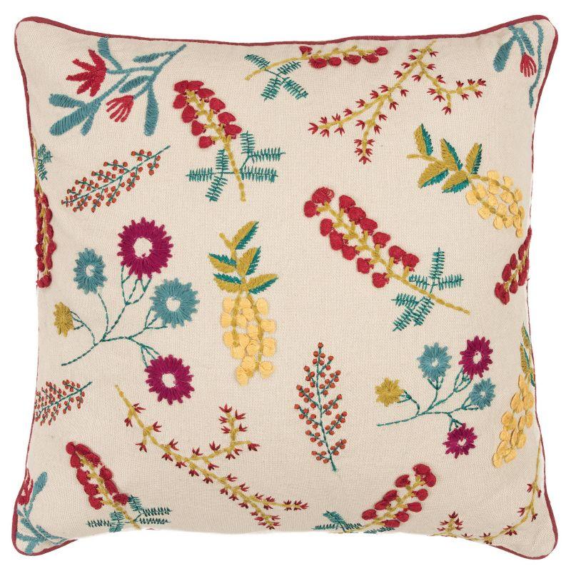 20" Beige Cotton Embroidered Floral Throw Pillow Cover