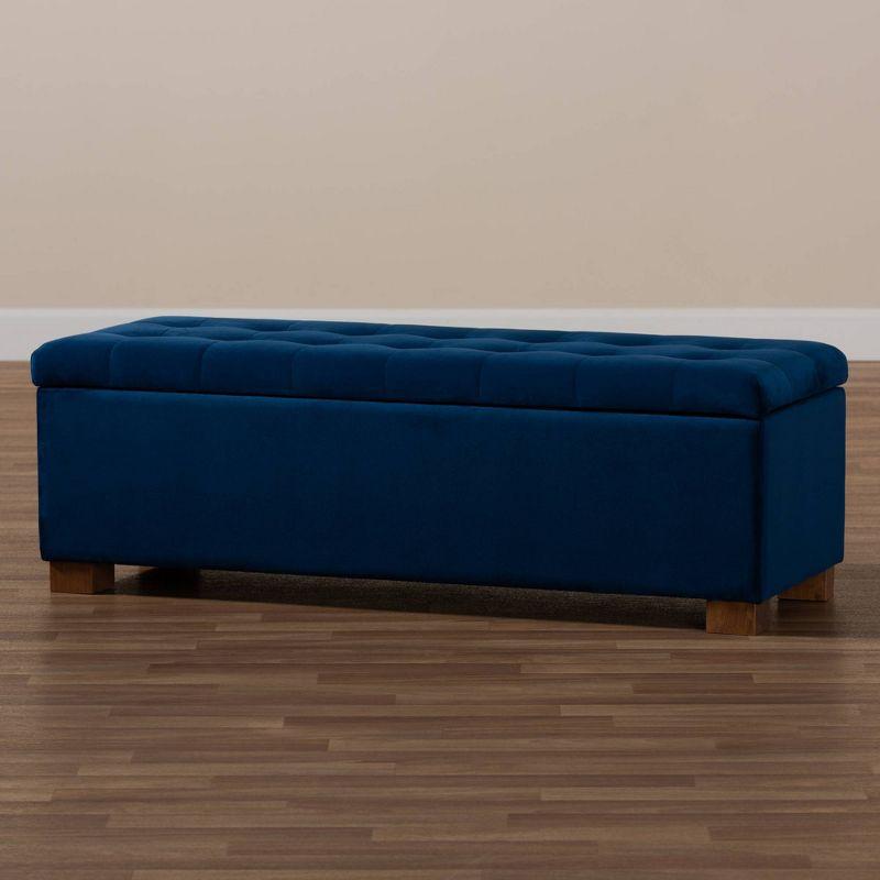 Navy Blue Velvet Tufted Storage Bench with Walnut Legs