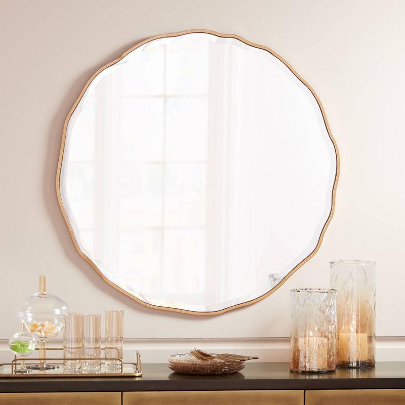 Gold Waved Edge Round Wall Mirror with Wood Frame