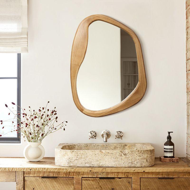 LuxenHome Natural Pine Wood Frame Irregular Oblong Wall Mirror Brown