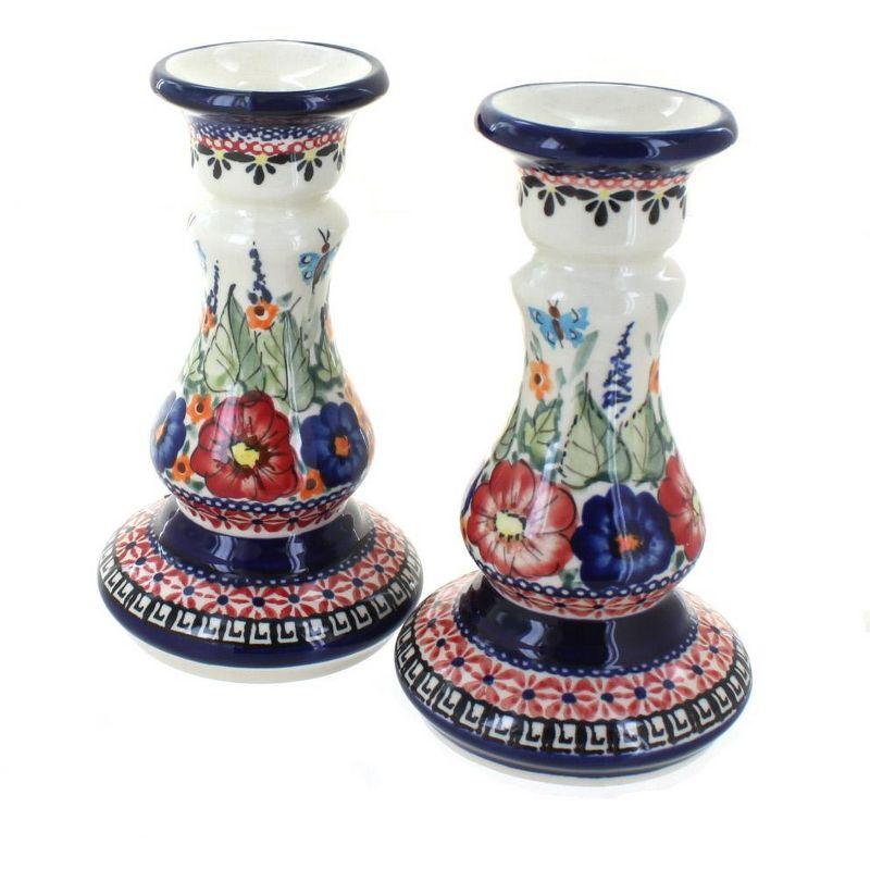 Blue Rose Polish Pottery Floral Butterfly Candle Stick Pair