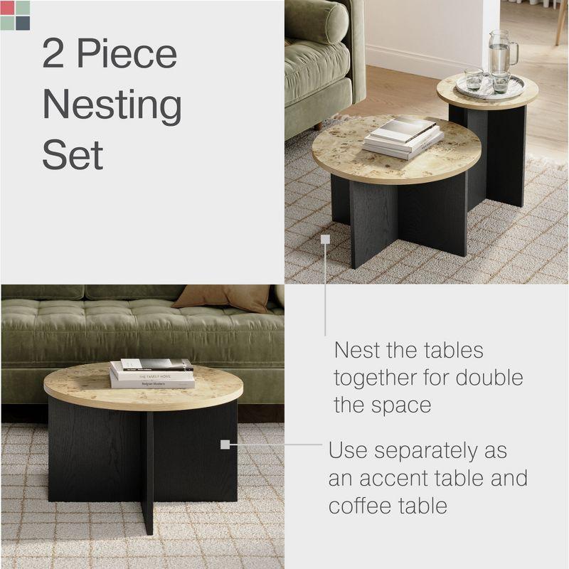 Stead Black and Burl Wood Coffee Table - Black and Wood Coffee Table - Round Nesting - 2 Piece Coffee Table Set