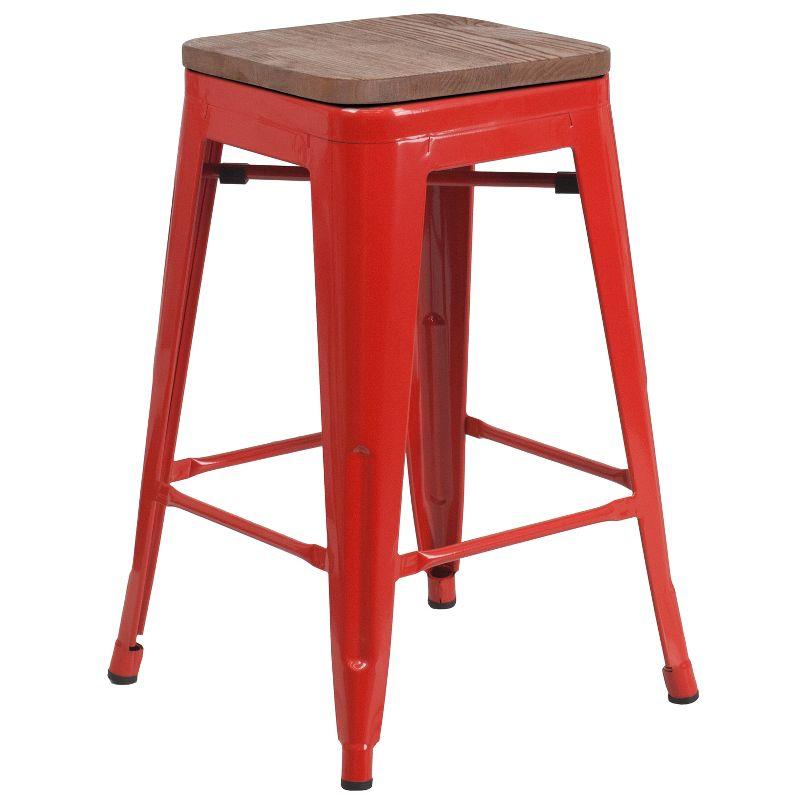 24" Red Metal & Brown Wood Backless Counter Stool