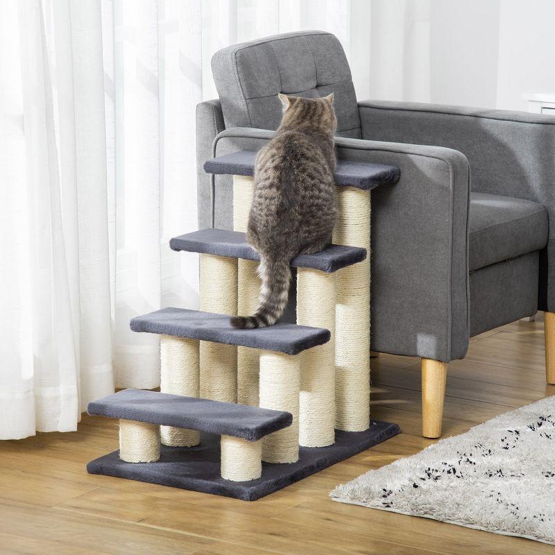 PawHut Cat Tree with 4 Stair Steps for High Beds Couch, Cute Cat Tree for Indoor Cats Dogs w/ Sisal Scratching Post, Climbing, Playing, Gray