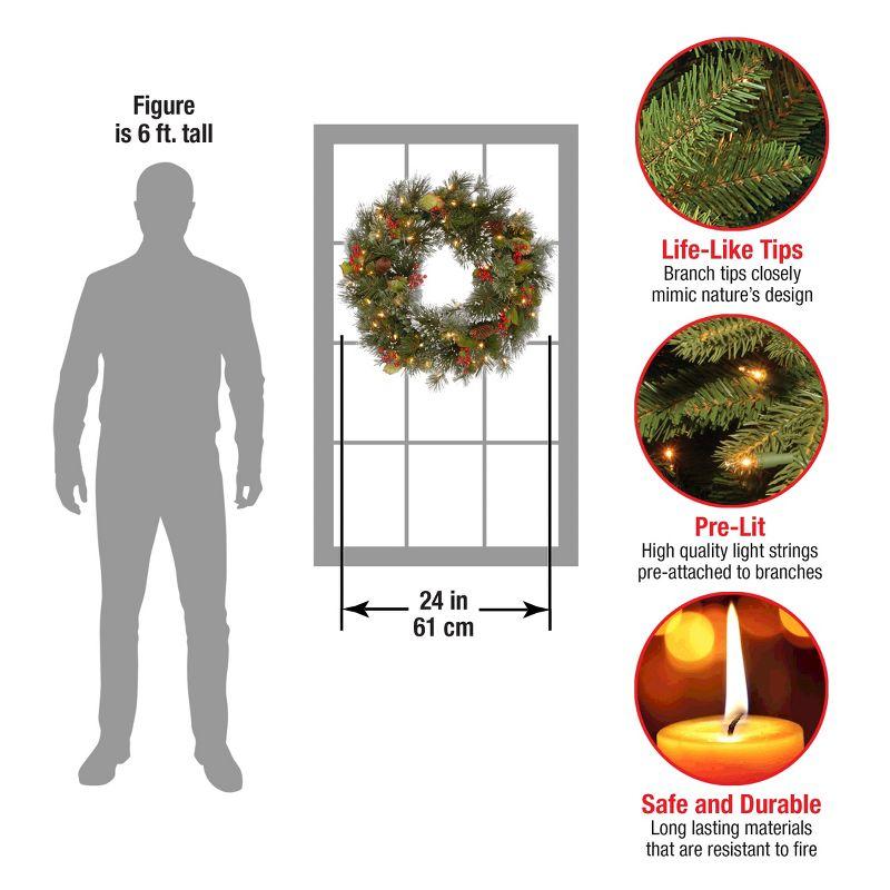 24" Prelit Flocked Crestwood Spruce Christmas Wreath with Cones White Lights - National Tree Company