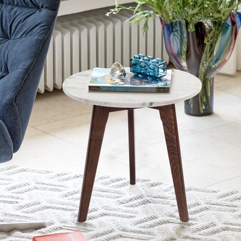 Cherie 19" Round White Marble and Elm Wood Side Table