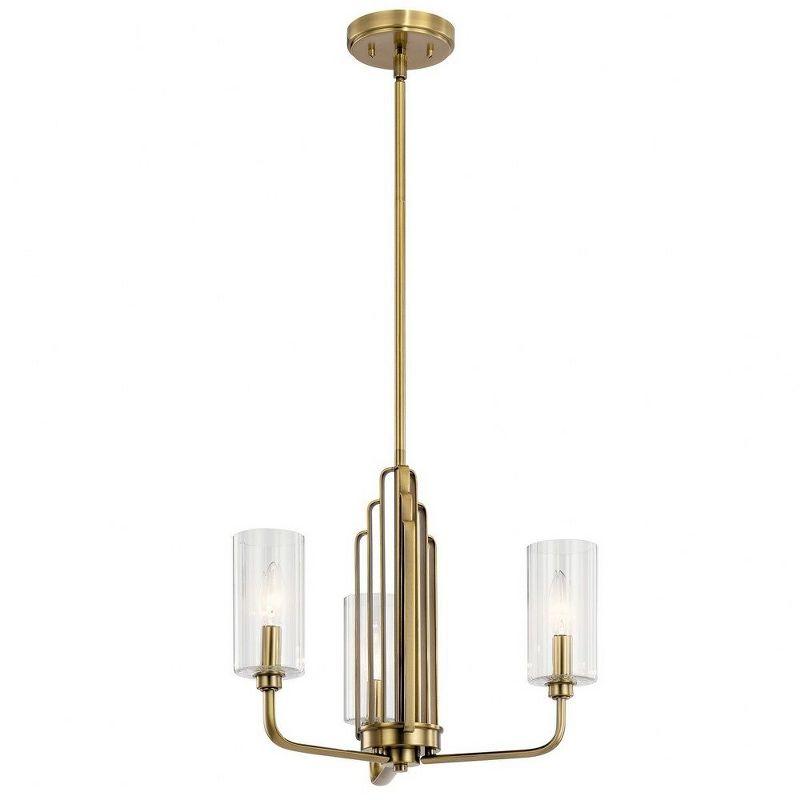 Art Deco Brushed Brass 3-Light Chandelier with Clear Fluted Shades