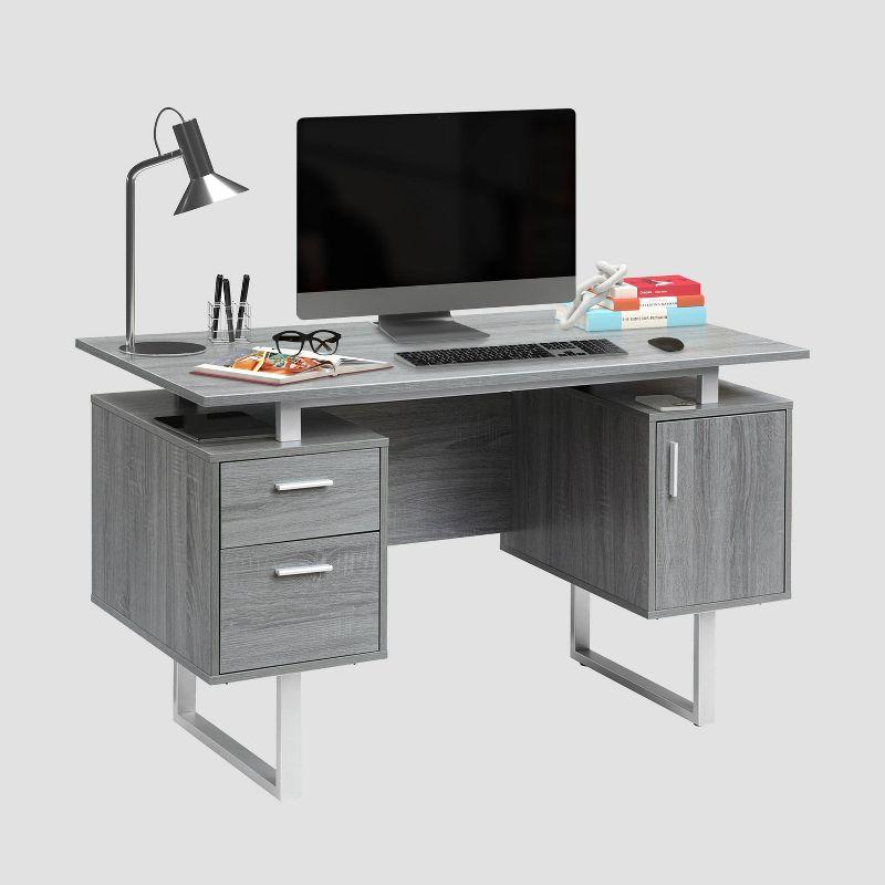 Modern Office Desk with Storage Gray - Techni Mobili: Sleek Metal Legs, File Cabinet, Floating Top