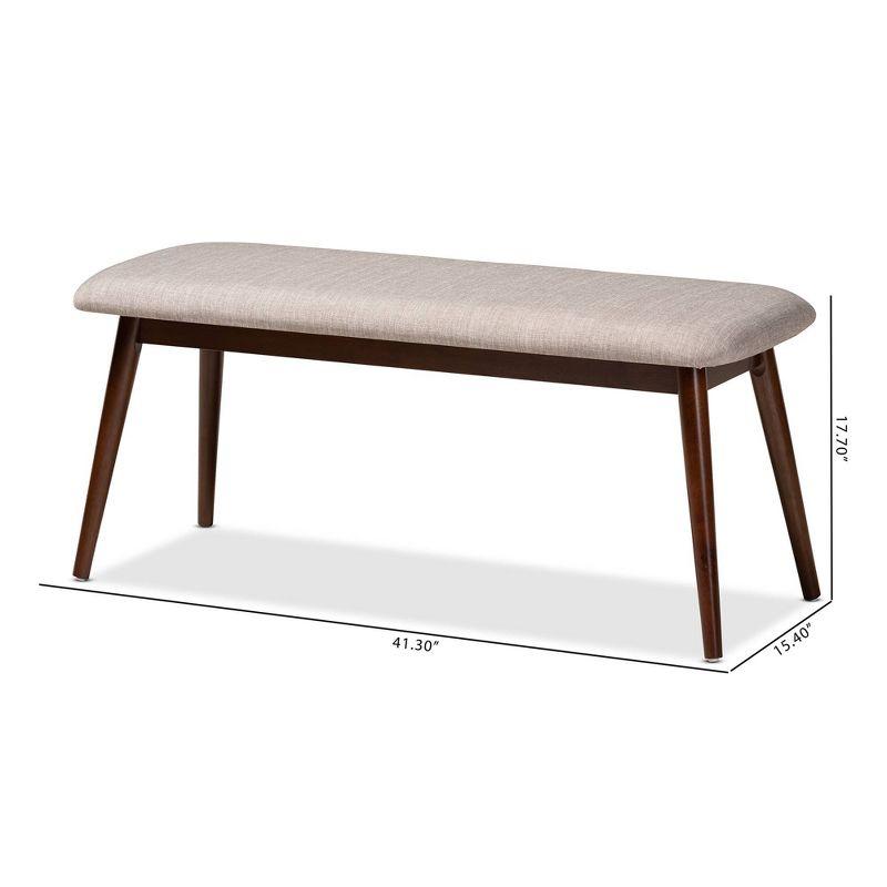 Flora Mid-Century Walnut Finish Light Grey Upholstered Dining Bench