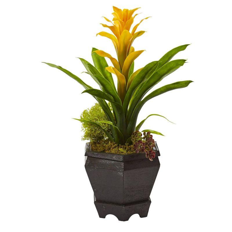 Yellow Bromeliad Faux Plant in Black Hexagon Planter