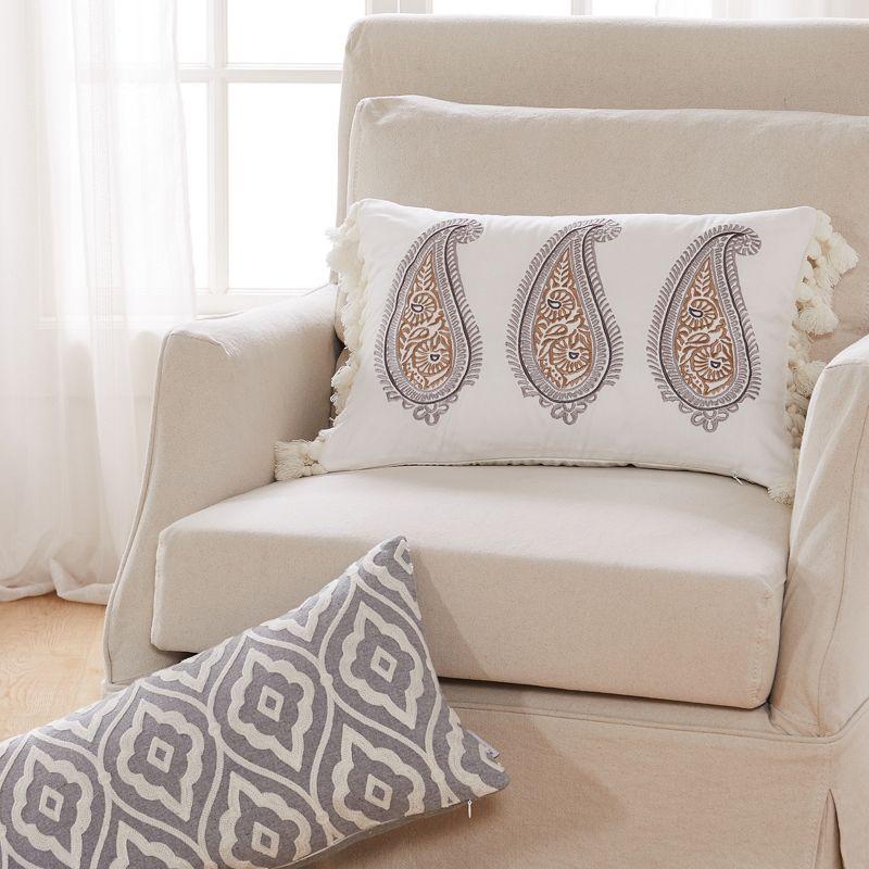 Tamsin Grey and Off-White Embroidered Rectangular Pillow