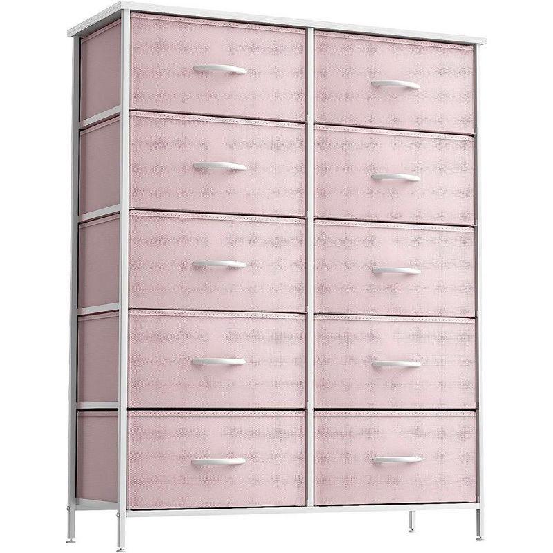 Blush Pink 10-Drawer Fabric Dresser with Faux Wood Top