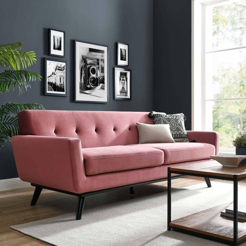Engage Performance Velvet Sofa Dusty Rose - Modway: Plush Seating, Channel Tufting, Rubberwood Legs