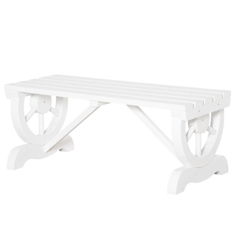 Outsunny 2-Person Wooden Garden Bench, Outdoor Wagon Wheel Porch Bench for Backyard Garden, Support 550 LBS, Rustic Country Style, White