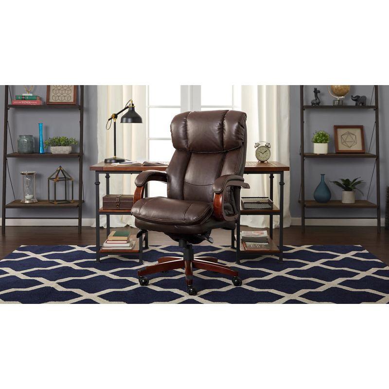 Executive High-Back Black Leather Swivel Office Chair with Wood Accents