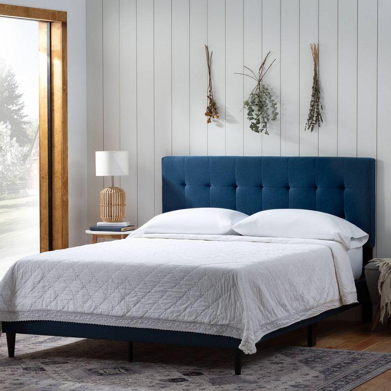 King-Sized Navy Linen-Tufted Upholstered Platform Bed with Wooden Slats