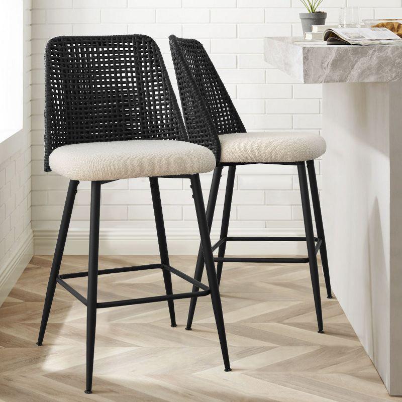 27" Counter Height Bar Stools Set Of 2, Black Rattan Back Upholstered Chairs, Modern Kitchen Island Seating, Woven Accent Stools-Maison Boucle