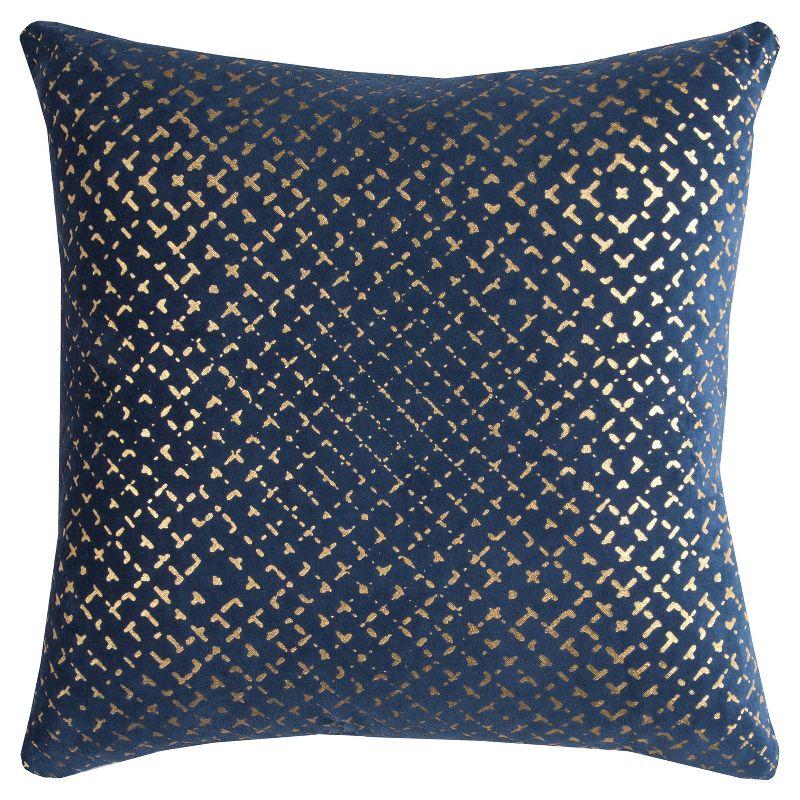 Navy and Gold Cotton Velvet Geometric Square Throw Pillow