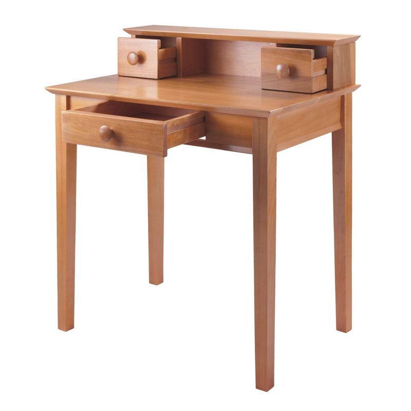 Transitional Honey Brown Solid Wood Writing Desk with Hutch and Drawers