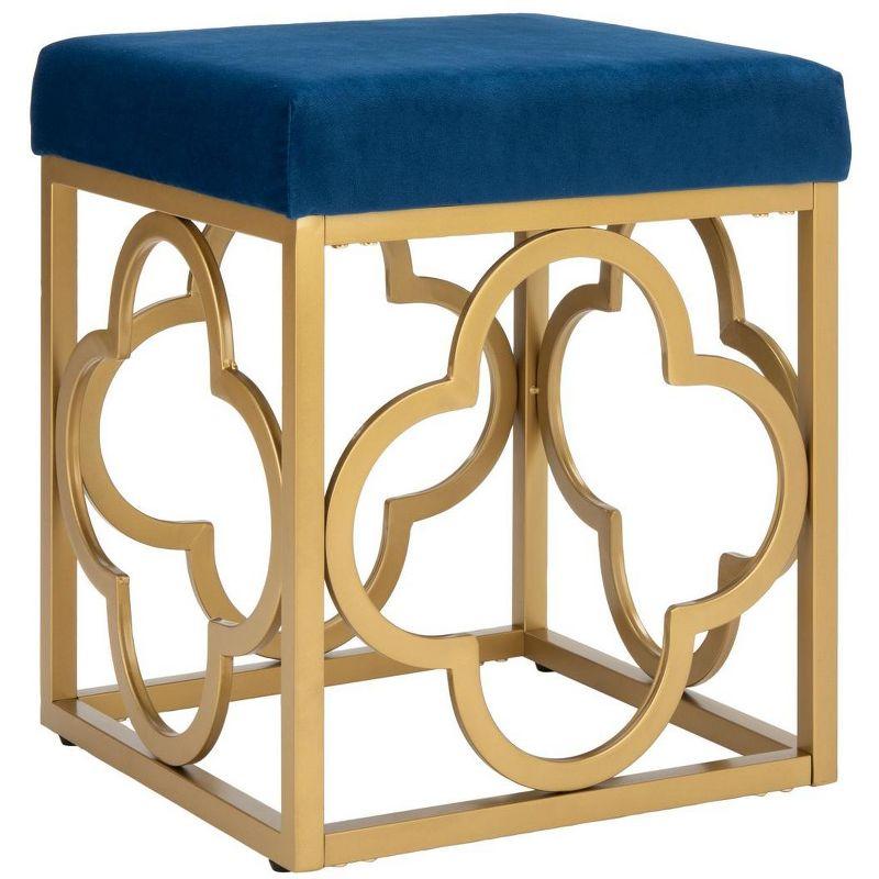 Elegant Navy Velvet Square Ottoman with Gold Quatrefoil Base