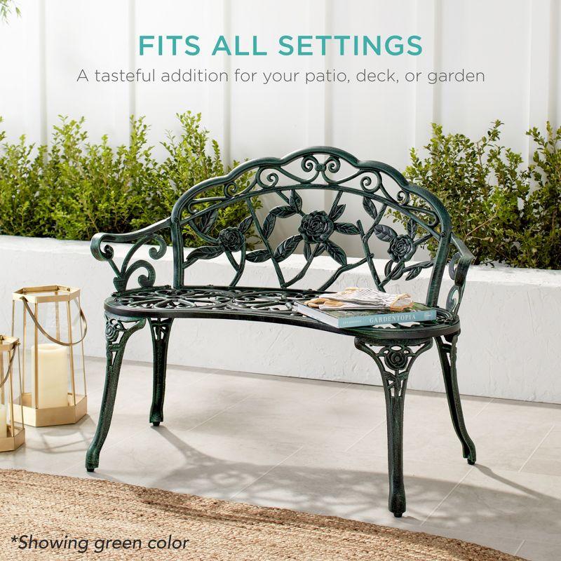 Best Choice Products Outdoor Bench Steel Garden Patio Porch Furniture w/ Floral Accent, Antique Finish