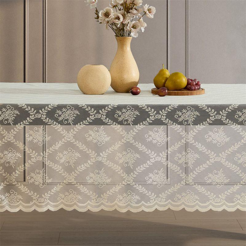 HLC.ME Isabella Floral Patterned Scalloped Tablecloth, Wrinkle Resistant, Lace Fabric Table Cloth for Round Tables - Linen, 70 Round