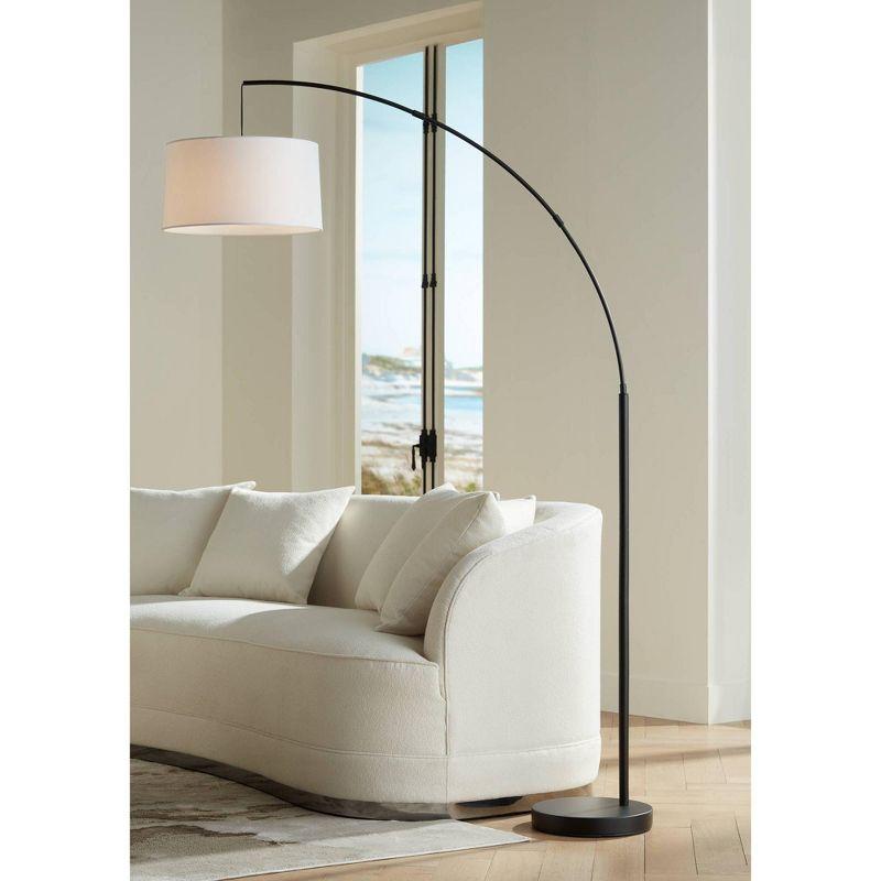 360 Lighting Cora Modern Arc Floor Lamp Standing 72" Tall Black Metal White Linen Drum Shade Decor for Living Room Reading Bedroom Office House Home