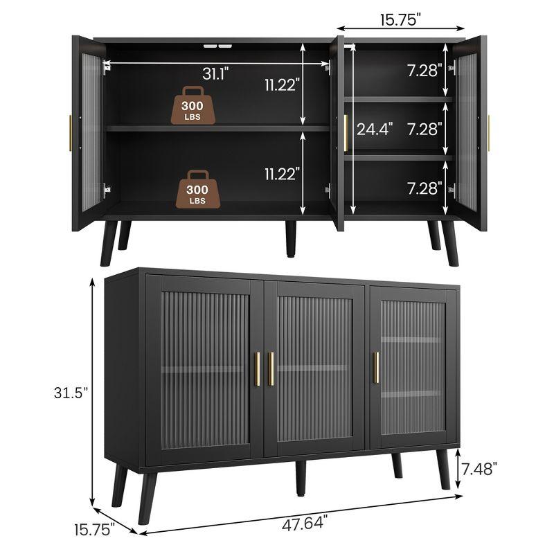 Buffet Cabinet with Storage, 48" Large Sideboard Cabinet with 3 Fluted Glass Doors, Black Cabinet for Kitchen, Dinning Room, Hallway, Living Room