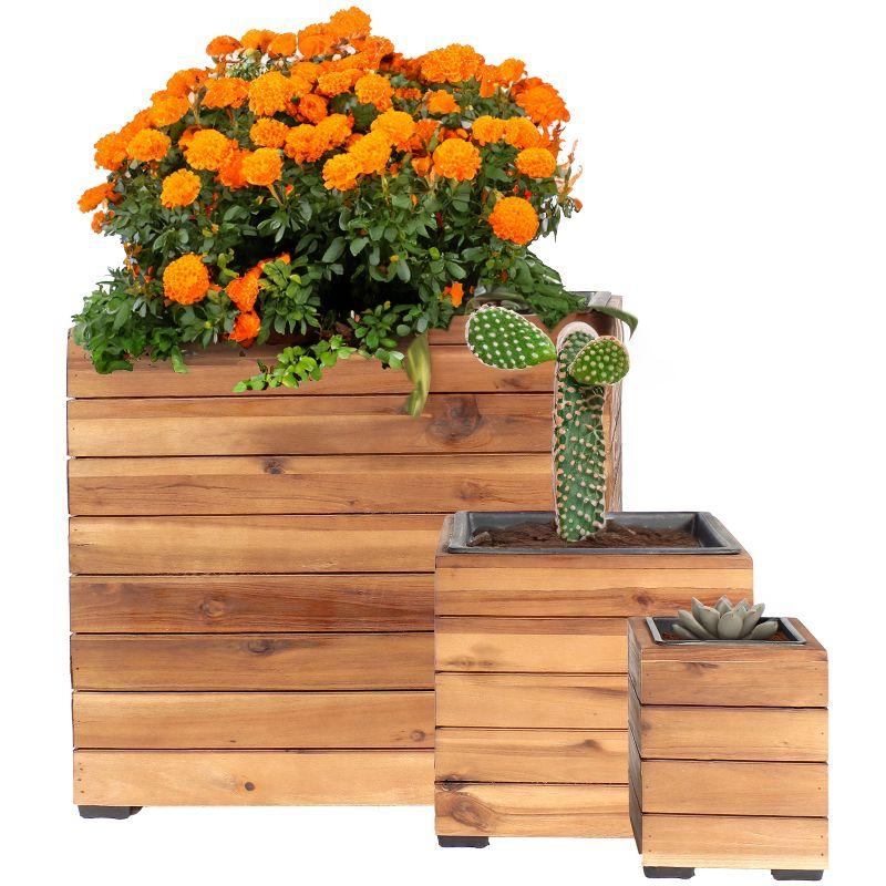 Sunnydaze Indoor/Outdoor Square Acacia Wood Planter Box with Plastic Liner - 3pk - Light Brown Stain