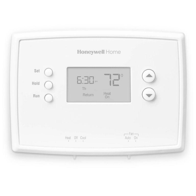 Honeywell Home 1-Week Programmable Thermostat: Digital, Backlit Display, Audible Alert, White, Battery Operated