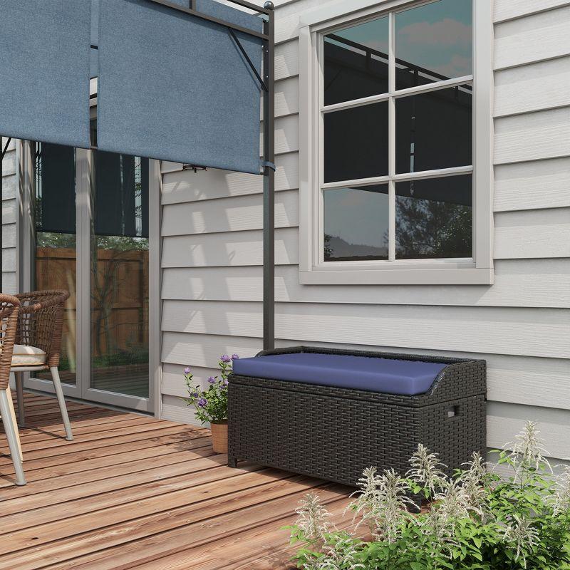 Outsunny Storage Bench Rattan Wicker Garden Deck Box Bin with Interior Waterproof Bag and Comfy Cushion, Navy Blue