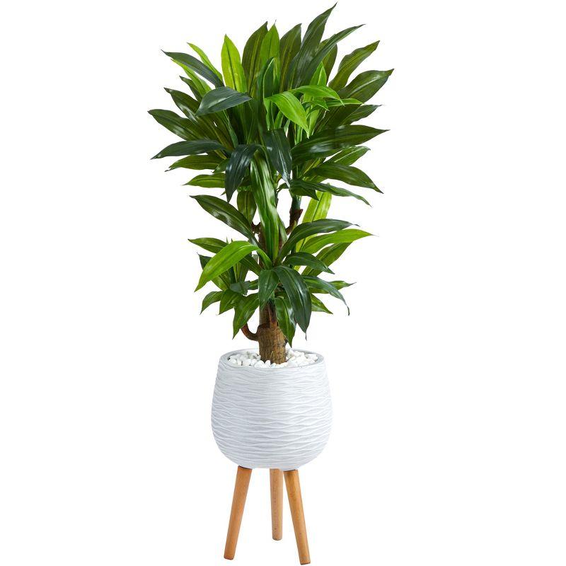 Nearly Natural 46-in Corn Stalk Dracaena Artificial Plant in White Planter with Stand (Real Touch)